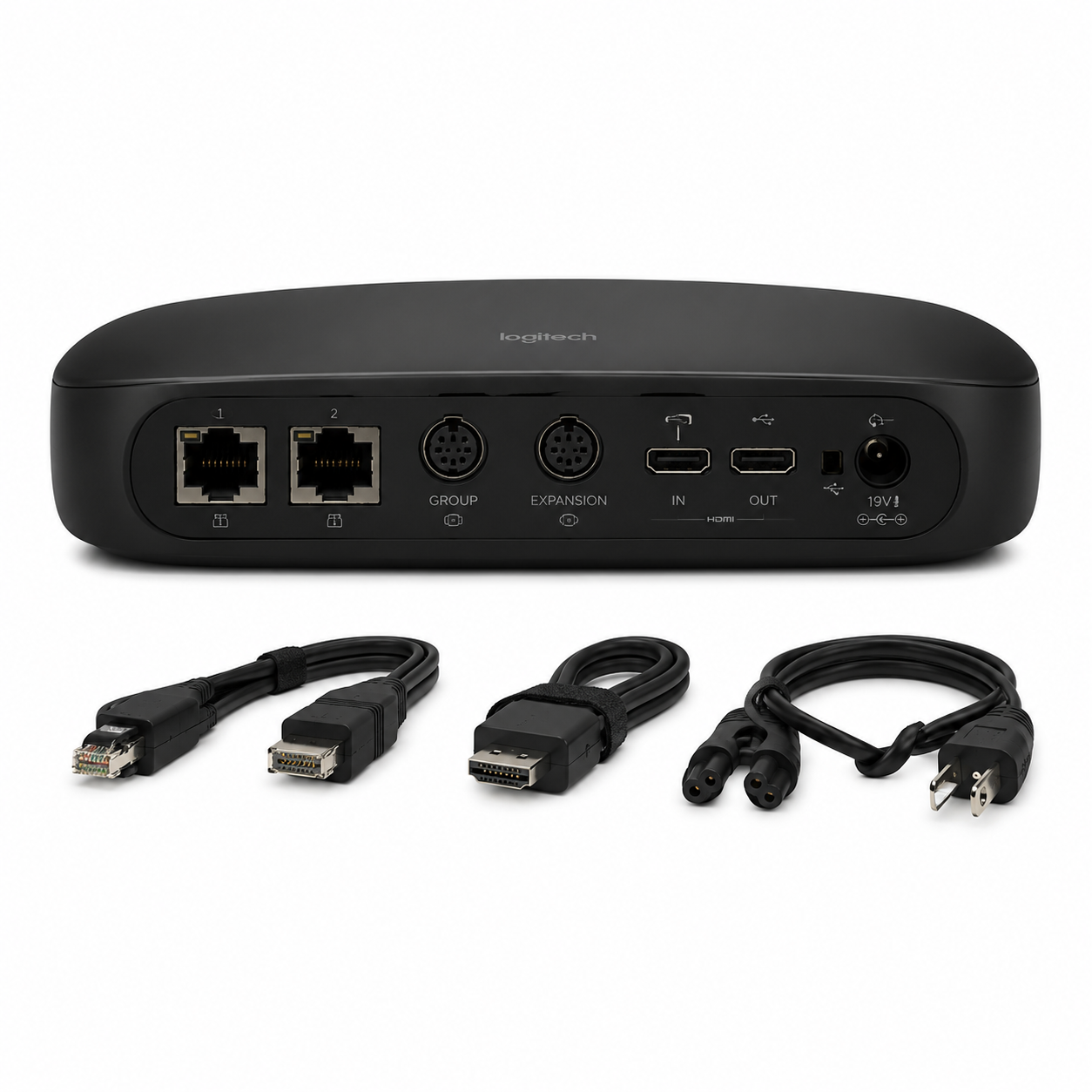 Logitech GROUP hub and connection cables for video conferencing setup