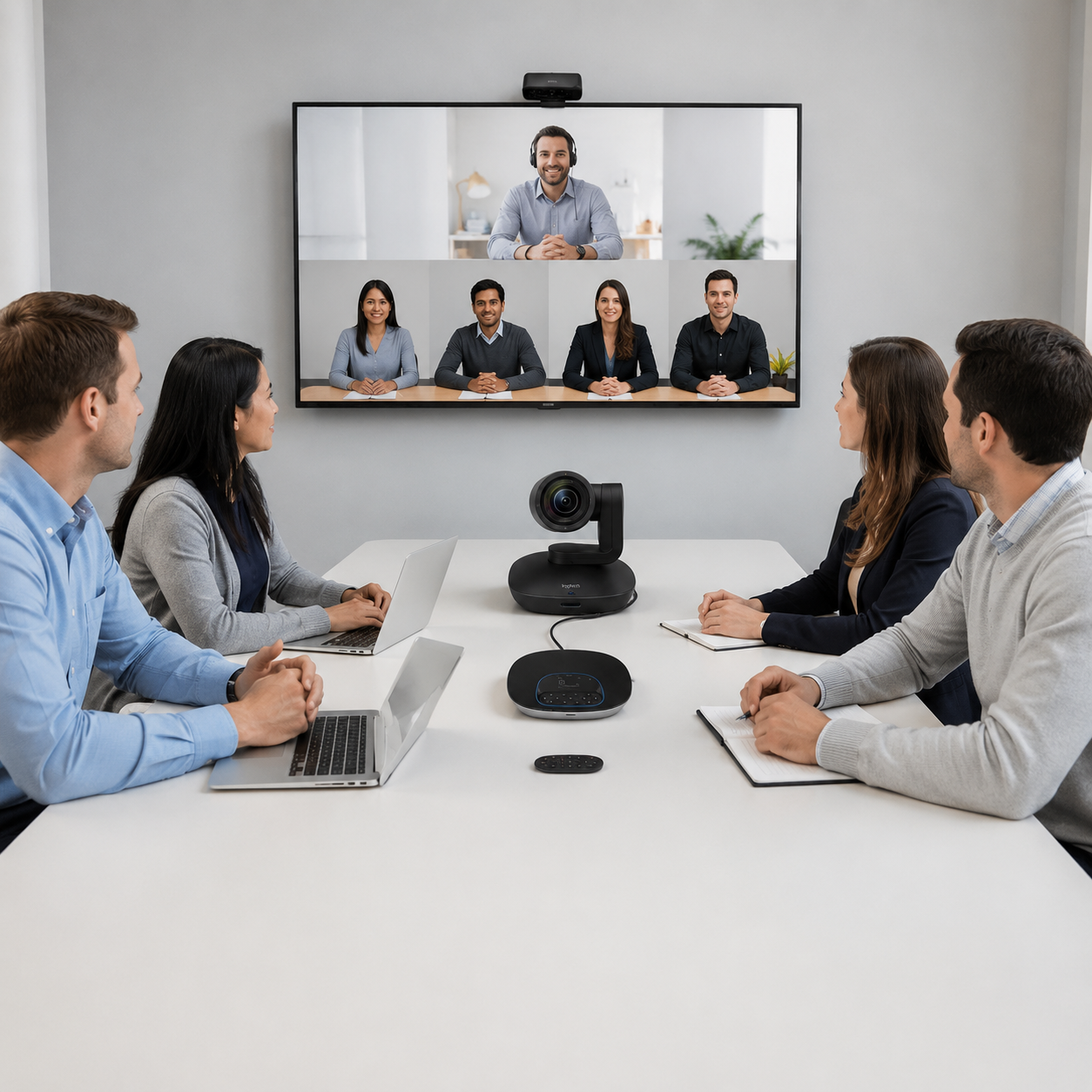 Logitech GROUP video conferencing system installed in a corporate meeting room